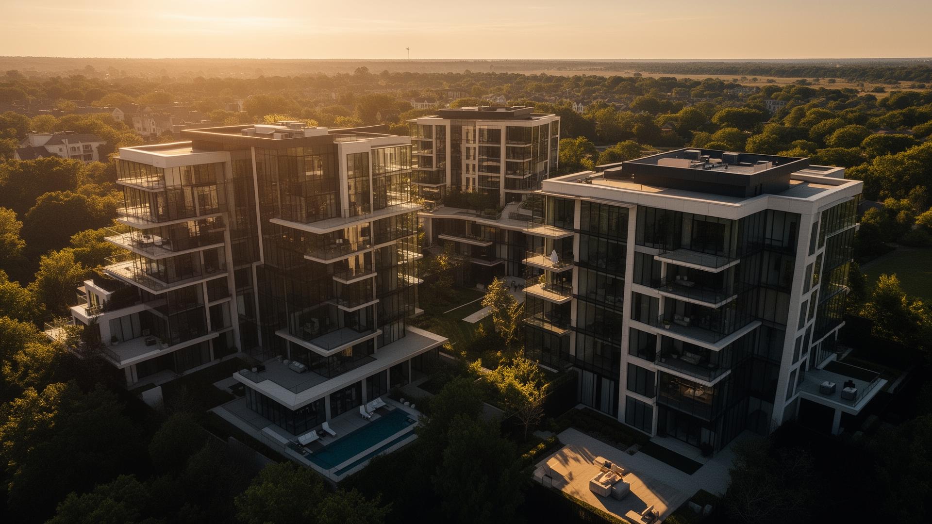 Modern real estate development at golden hour